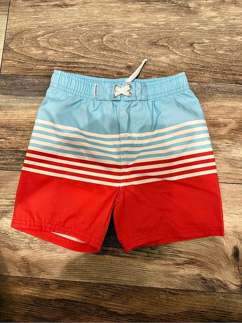 RuggedButts Kids Striped Swim Trunks in Red, White, & Blue